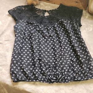 Women's Black Lace Yoke Heart Print Top (Sheer)